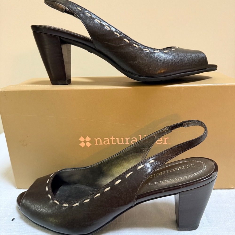 Naturalizer Lerman Slingback Heels 6.5M Brown Leather Peep Toe Whipstitch